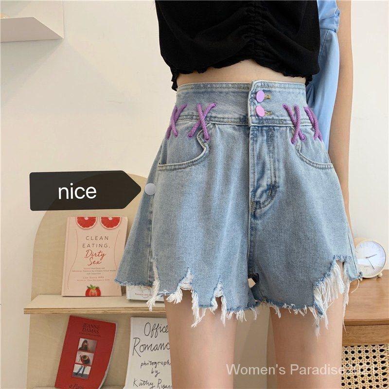 Quần short denim lưng cao ống rộng màu sắc độc đáo thời trang mùa hè cho nữ