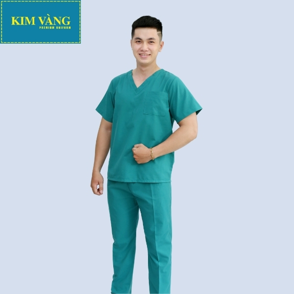 Quần áo bệnh nhân đồng phục bệnh viện tay ngắn chất liệu Kaki thun - Màu xanh lý mẫu 02