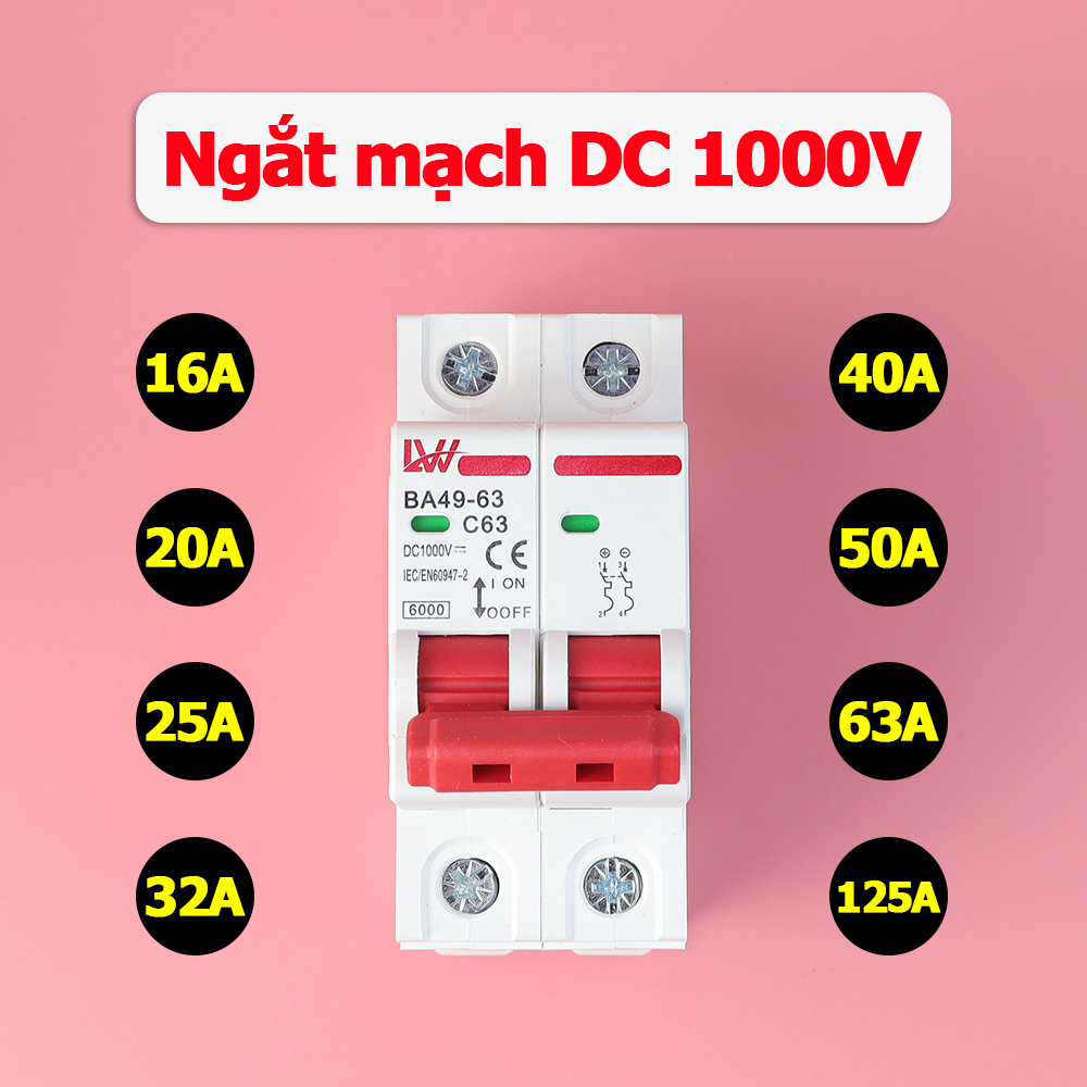 Bộ ngắt mạch tự động LW MCB DC 2P 1000V Cầu Dao Chuyên Dụng Cho Điện Năng Lượng Mặt Trời