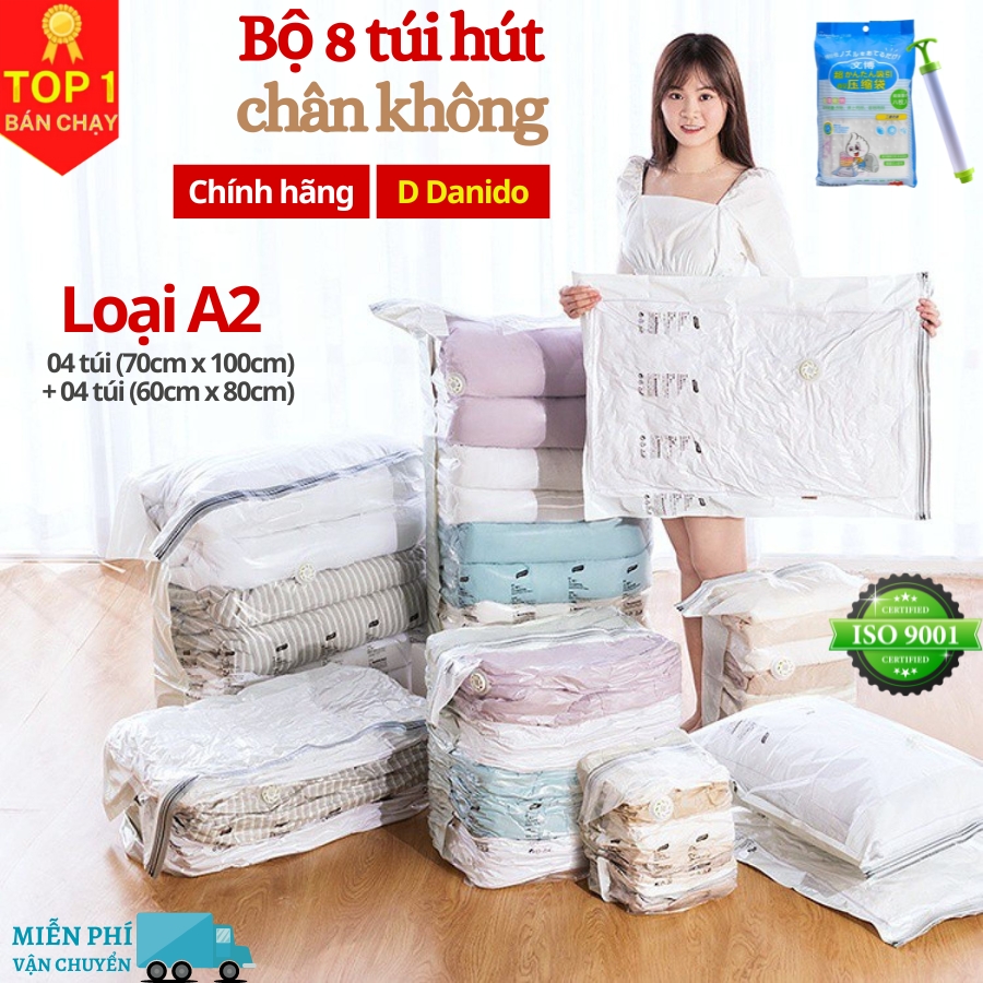 [Tặng kèm bơm tay] Bộ 8 túi hút chân không đựng chăn màn quần áo cao cấp D Danido - Set 8 túi hút chân không bằng nhựa dẻo dai có tặng kèm bơm tay