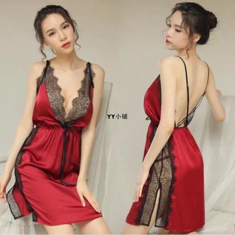 Váy Ngủ Lụa Pha Ren Xẻ Eo Quai Chéo Sexy Gợi Cảm MS5054