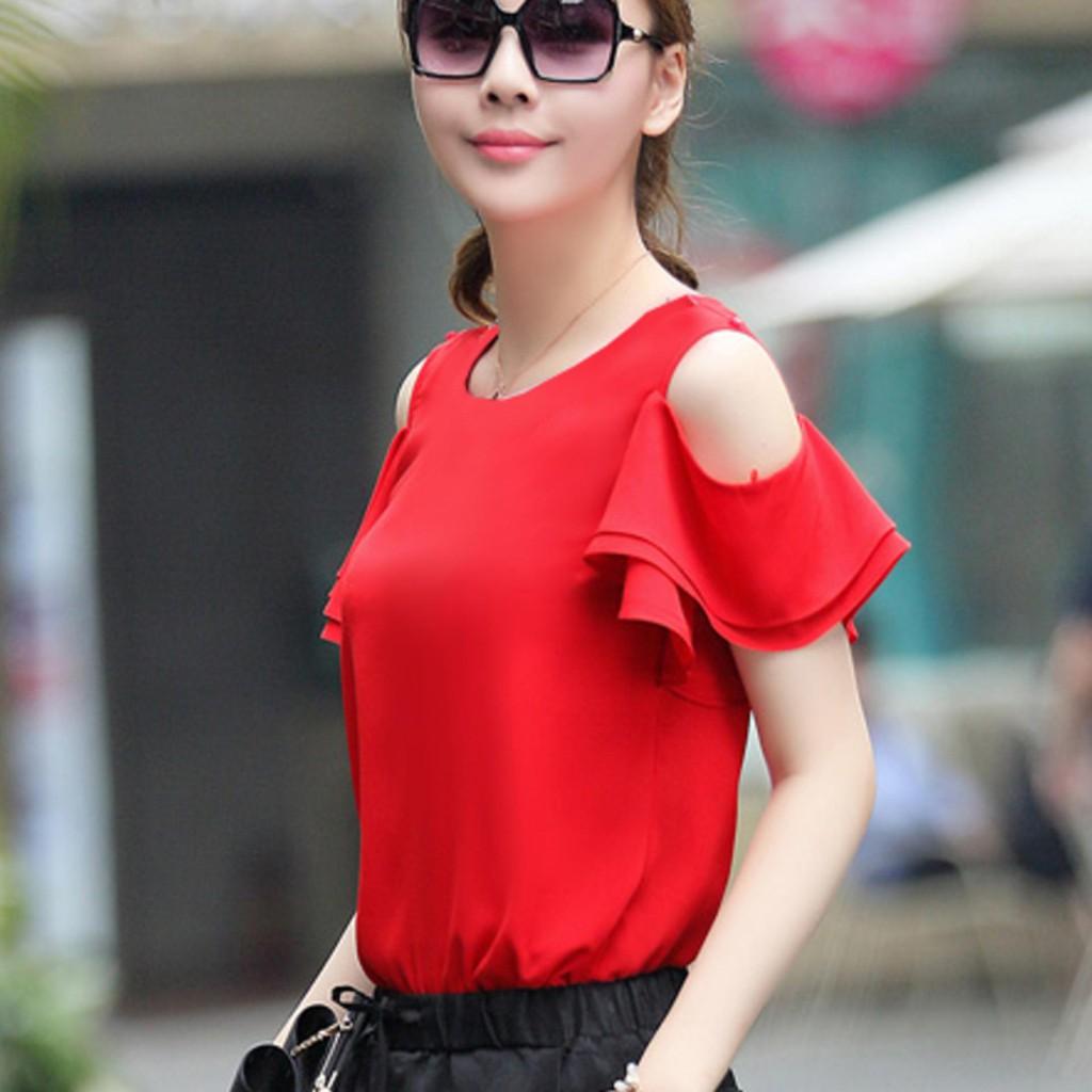 Aó rớt vai 2 bèo chiffon