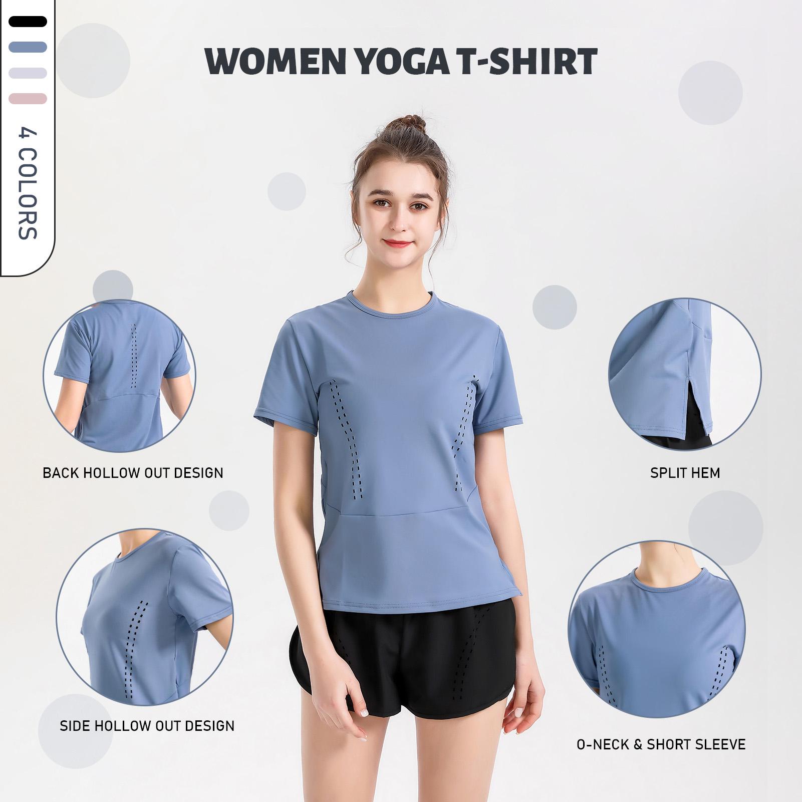 Áo thun nữ cổ chữ O ngắn tay thiết kế đường lỗ thoáng khí 2 bên, áo thun thể thao tập yoga, gym