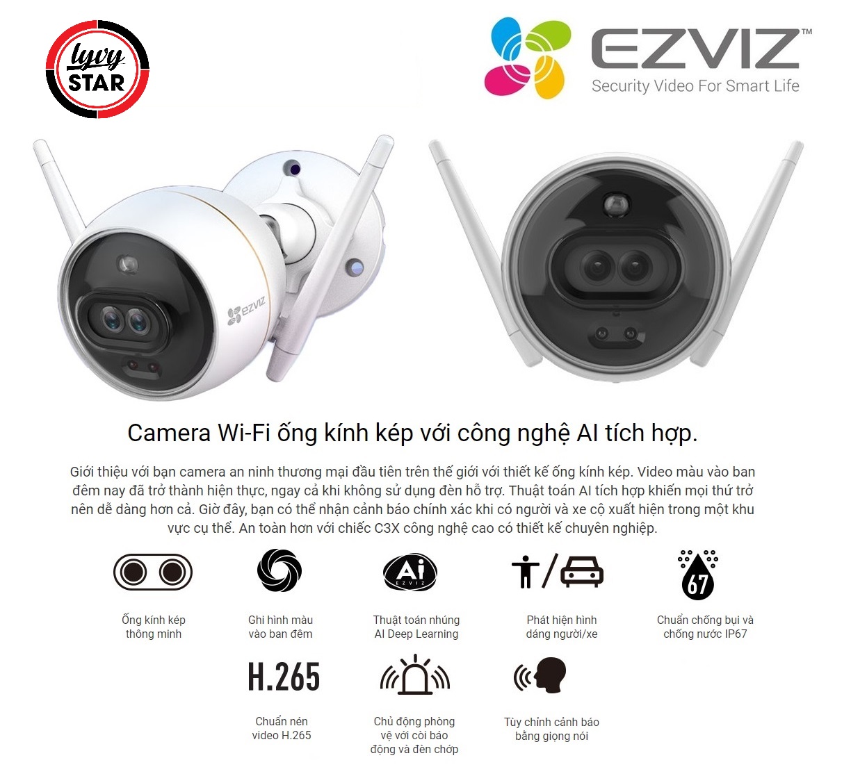 Camera Wifi EZVIZ ngoài trời C3X có màu ban đêm, báo động công nghệ AI - Hàng chính hãng