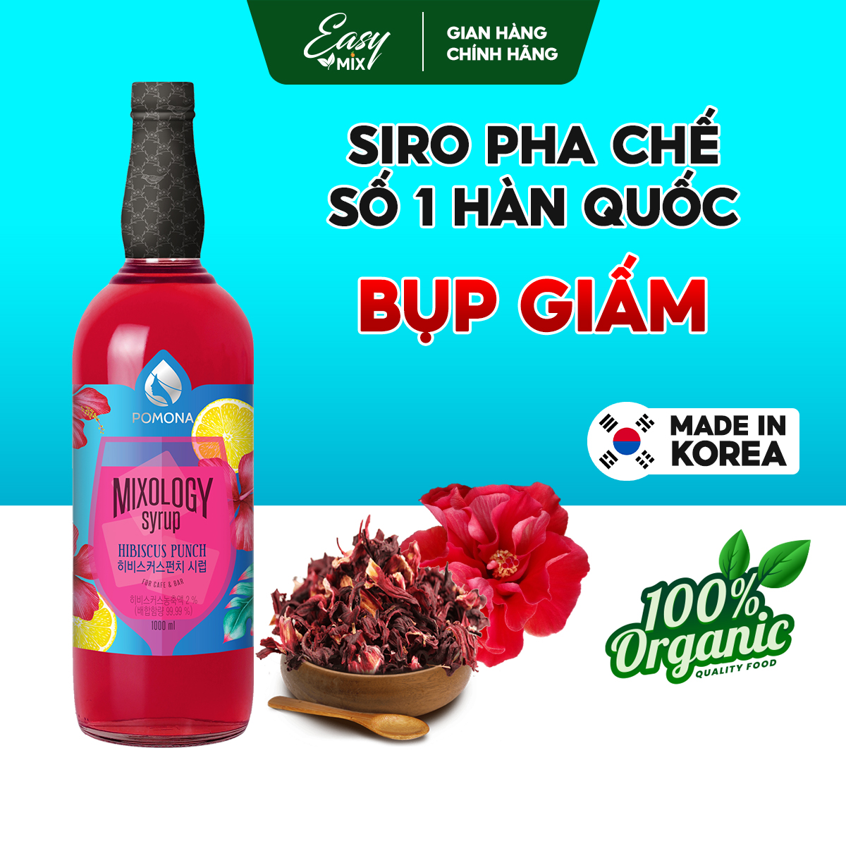 Siro Bụp Giấm Pomona Hibiscus Syrup Nguyên Liệu Pha Chế Hàn Quốc Chai Thủy Tinh 1 Lít