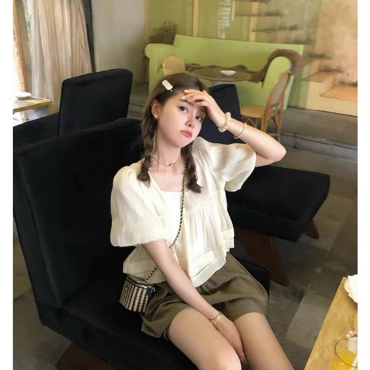Áo babydoll, set đồ nữ babydoll tay phồng, đồ bộ nữ kiểu thắt nơ siêu xinh kèm quần short, mặc đi chơi vintage, BO007