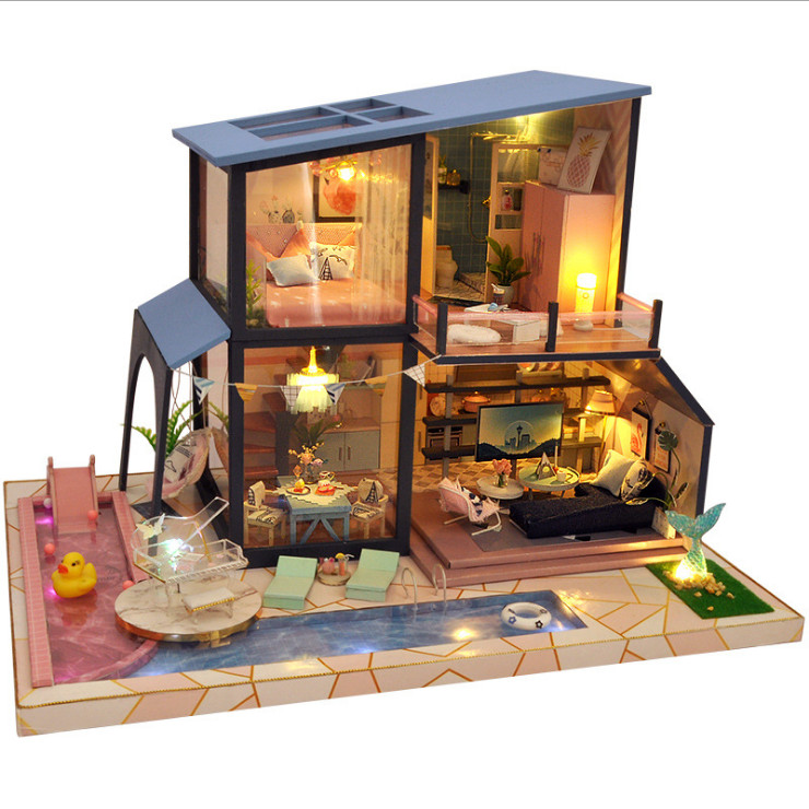 Mô hình nhà DIY Doll House Swimming Pool Duck Holiday Villa Kèm Mica Chống bụi