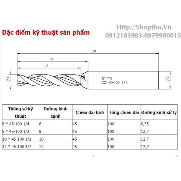 Mũi phay xoắn Spiral 8*45-100 Colet 12.7mm