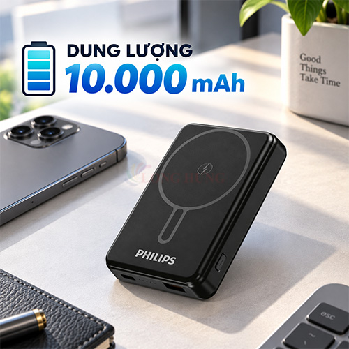 Sạc dự phòng từ tính Philips Power Bank Wireless 15W 10000mAh DLP6759CB/70 - Hàng chính hãng