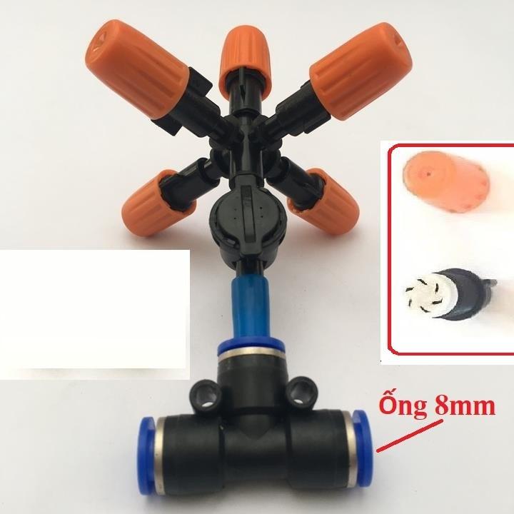 Béc phun sương 5 cửa có van áp chống nhỏ giọt, dùng ống 8mm
