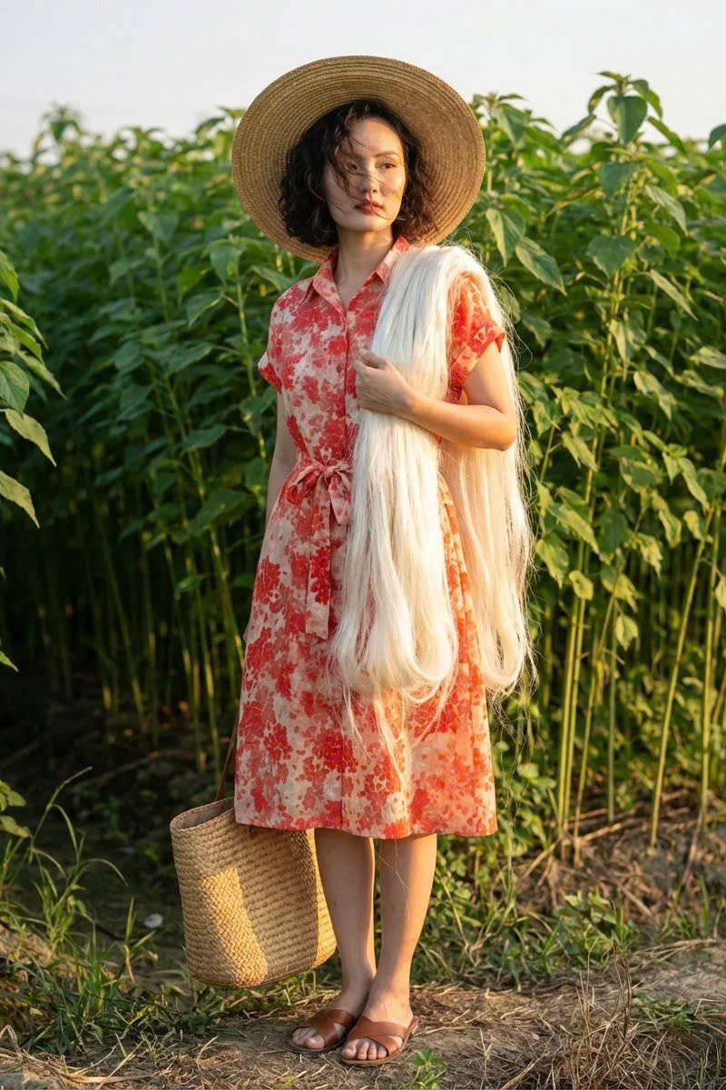 Đầm Sơ Mi Ramie Hoa Đỏ Thanh Minh Dre232 Thời trang Hity