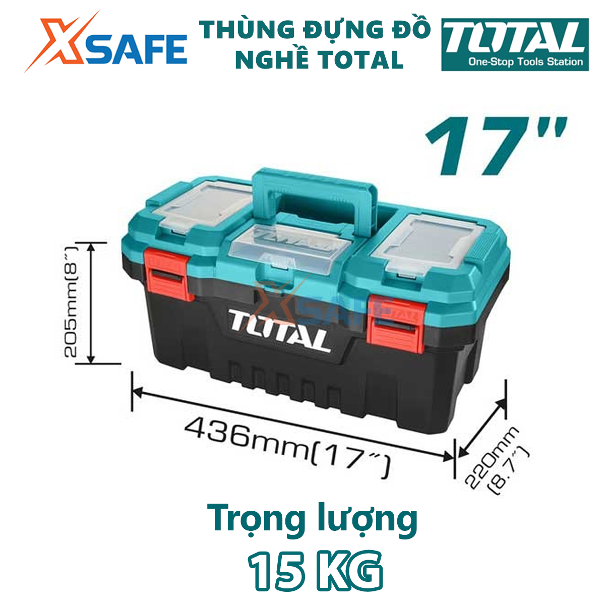 Hộp đựng đồ nghề TOTAL TPBX0172 Thùng đồ nghề khóa kim loại tải trọng tối đa 15kg, chất liệu nhựa PP cứng cáp, bền bỉ