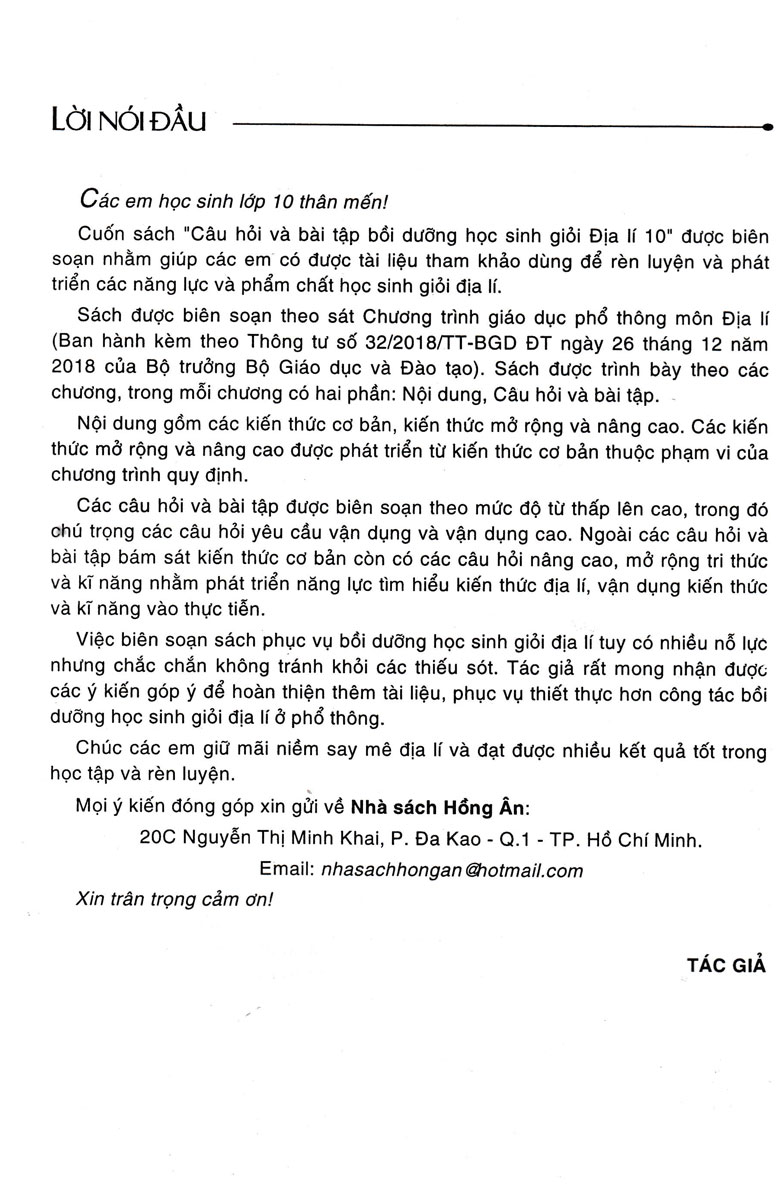 CÂU HỎI VÀ BÀI TẬP BỒI DƯỠNG HỌC SINH GIỎI ĐỊA LÍ LỚP 10 (DÙNG CHUNG CHO CÁC BỘ SGK HIỆN HÀNH) - HA