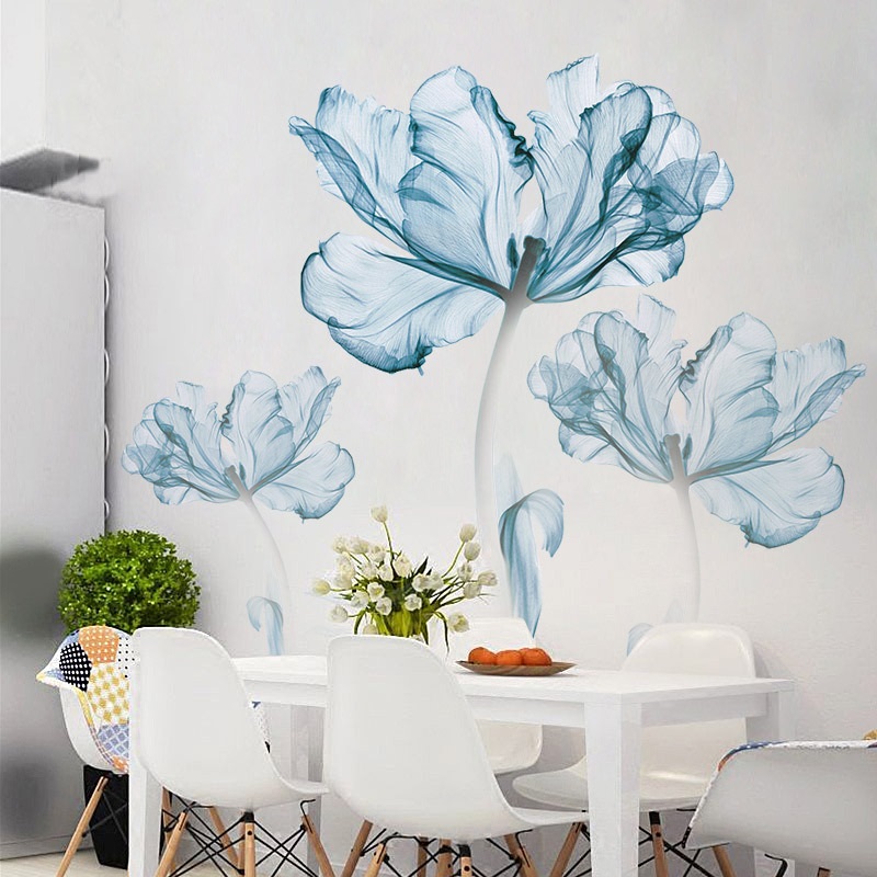 Decal dán tường 3D hoa xanh sang trọng dán được kính