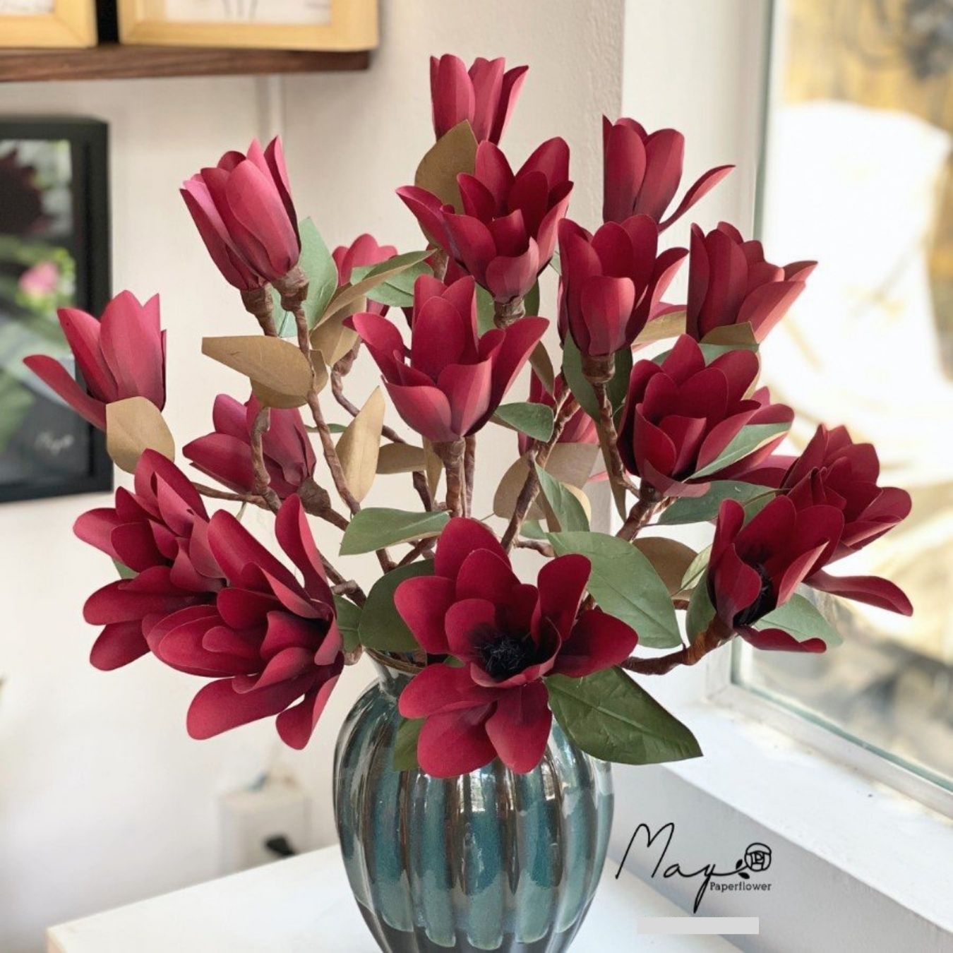 Hoa giấy trang trí, Hoa Mộc Lan đỏ handmade Maypaperflower - hoa giấy nghệ thuật, hoa cắm bình, decor nhà ở văn phòng