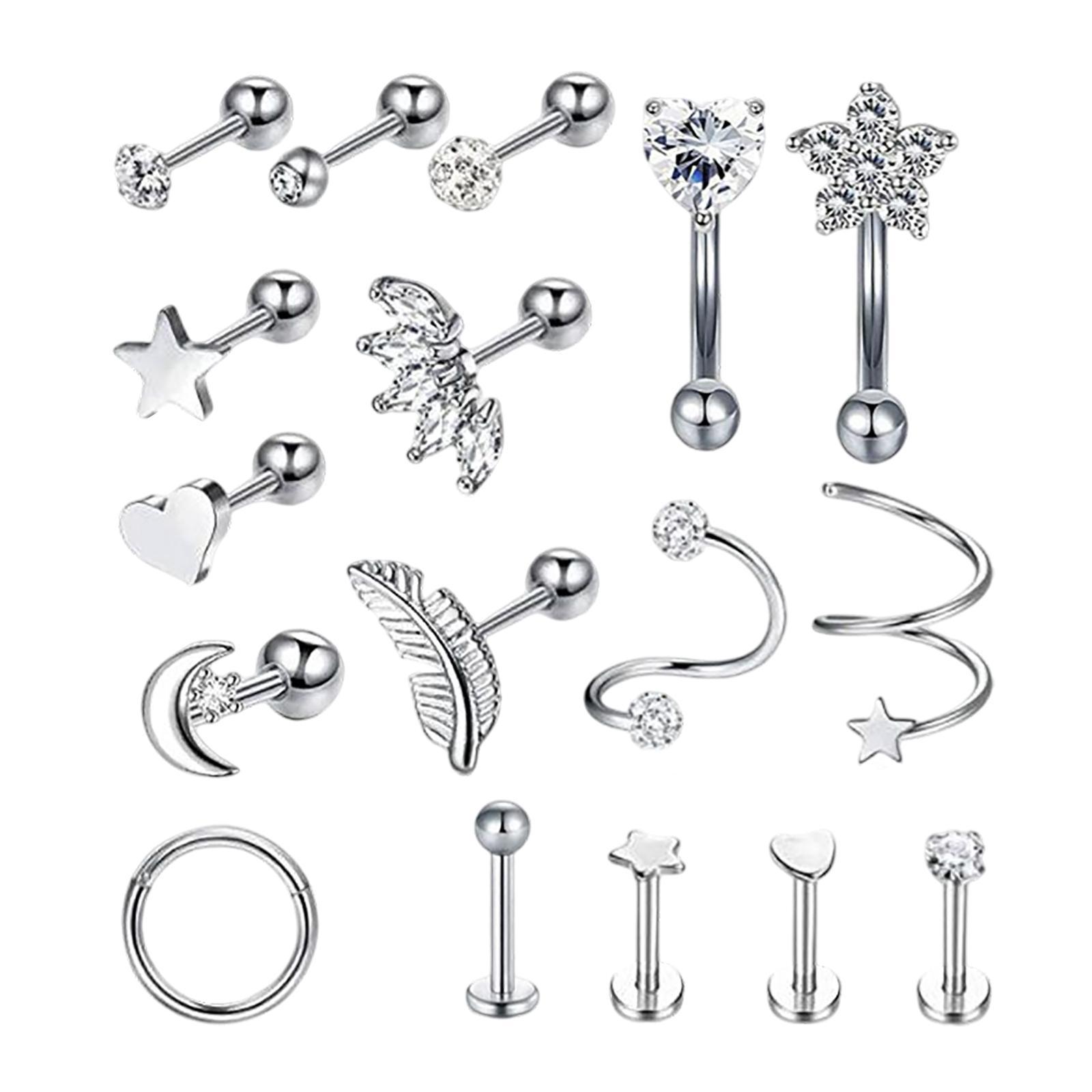 17Pcs Stainless Steel Ear Earrings Piercing Jewelry Nose Rings