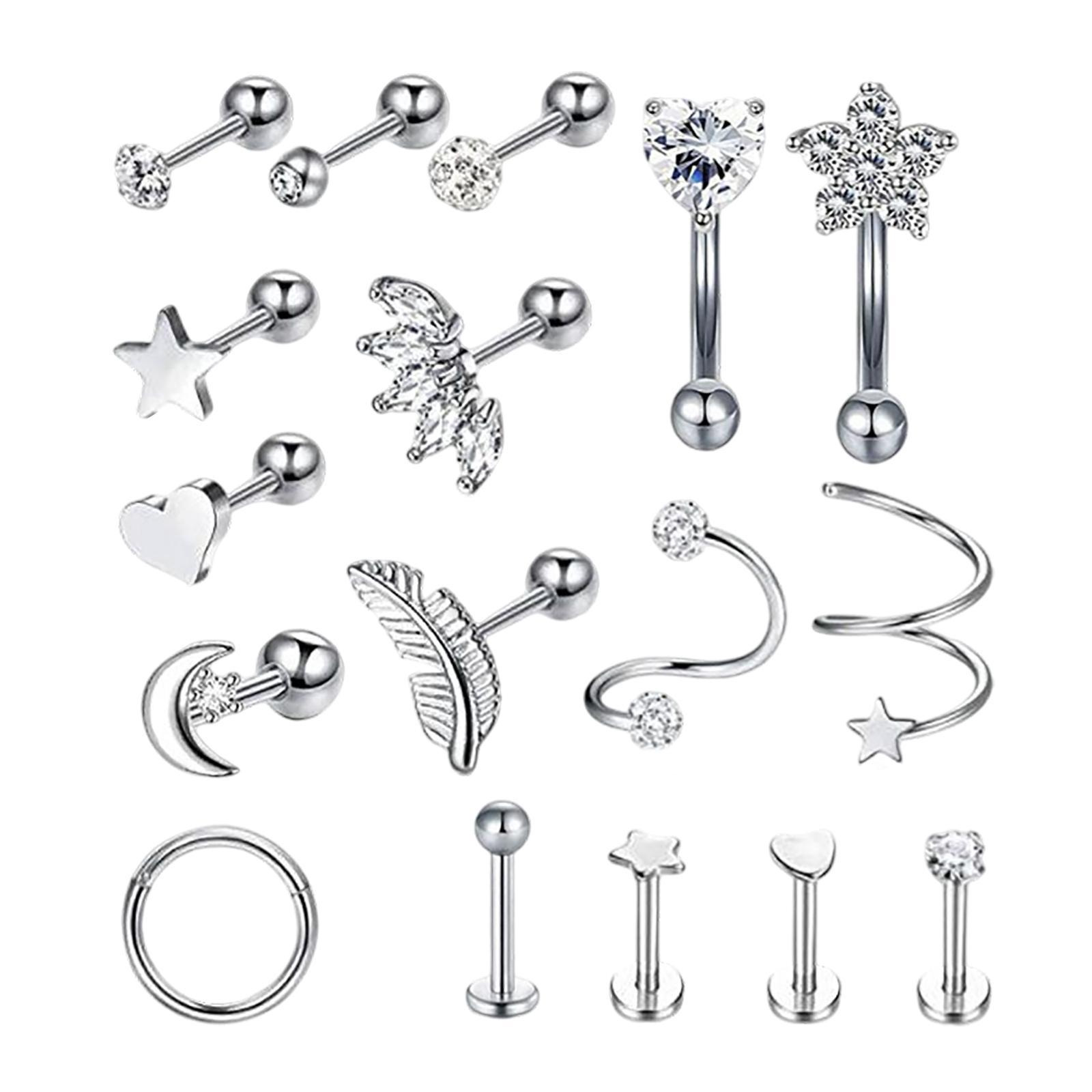 17Pcs Stainless Steel Earrings Set, Piercing Studs Piercing Jewelry, Earring Hoops, Barbell Stud, Heart Star Moon Earrings Hoop Stud Gifts