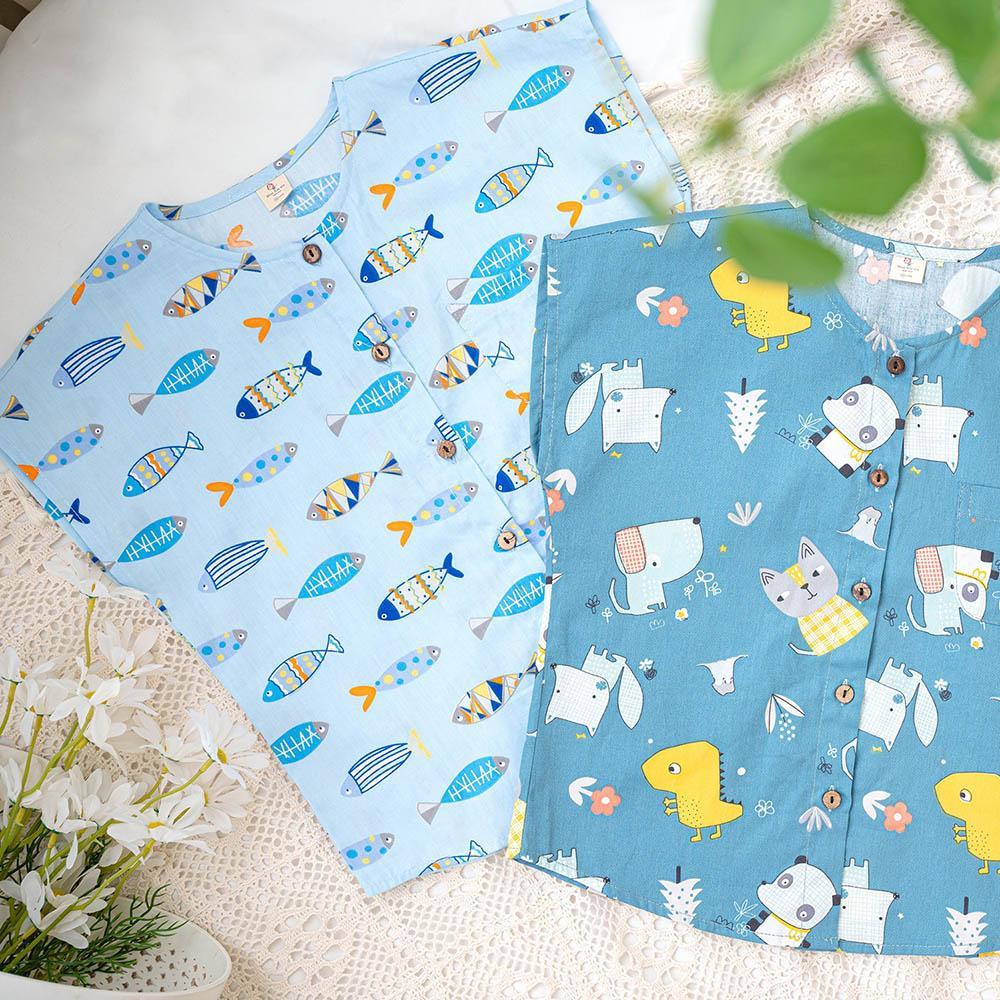 Áo sơ mi bé trai không cổ hình cá chất thô cotton mềm mát màu xanh nhạt MamLa