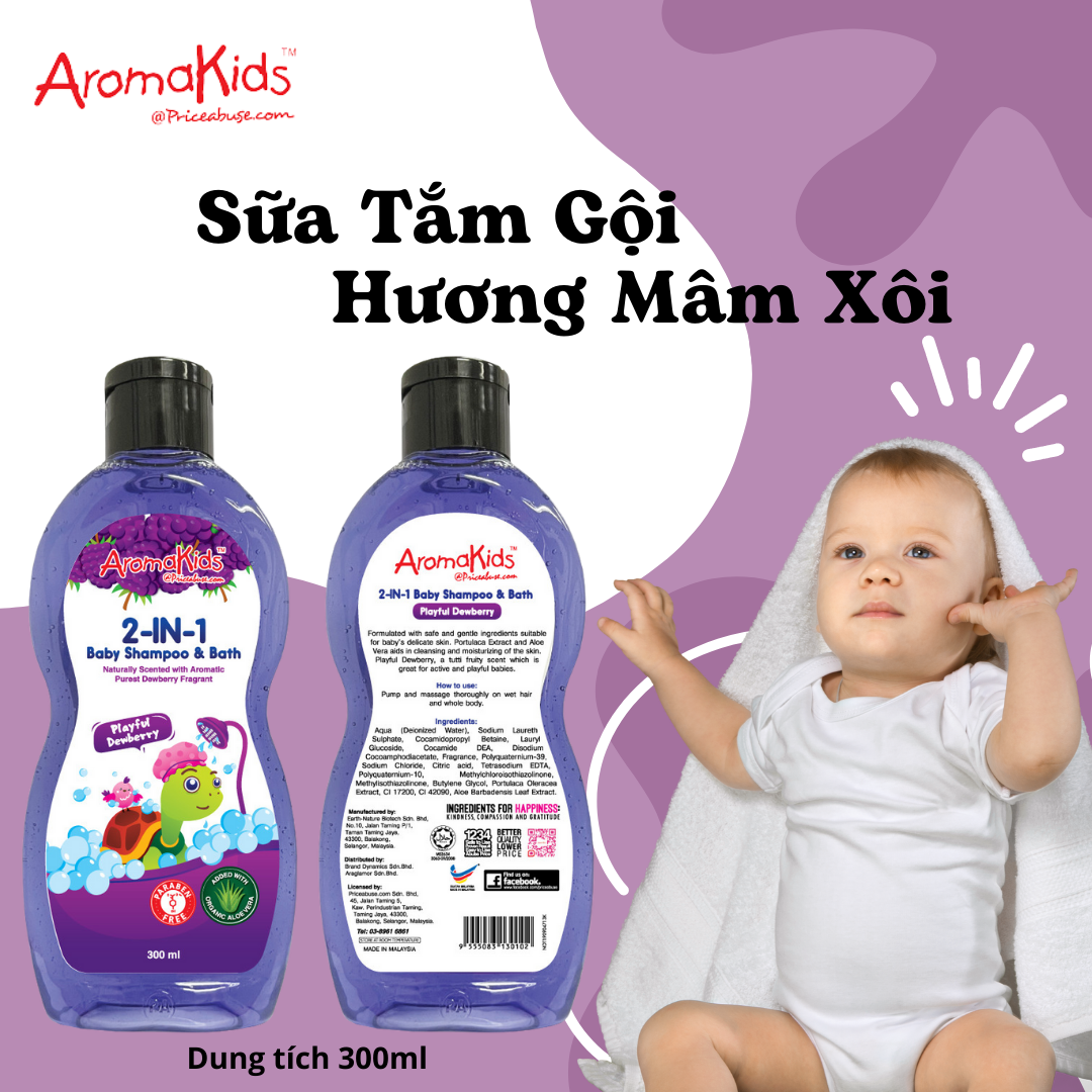 Sữa tắm gội cho bé;Sữa tắm bé; Sữa tắm gội 2in1 AromaKids-Hương Trái Mâm Xôi, 300ml/chai