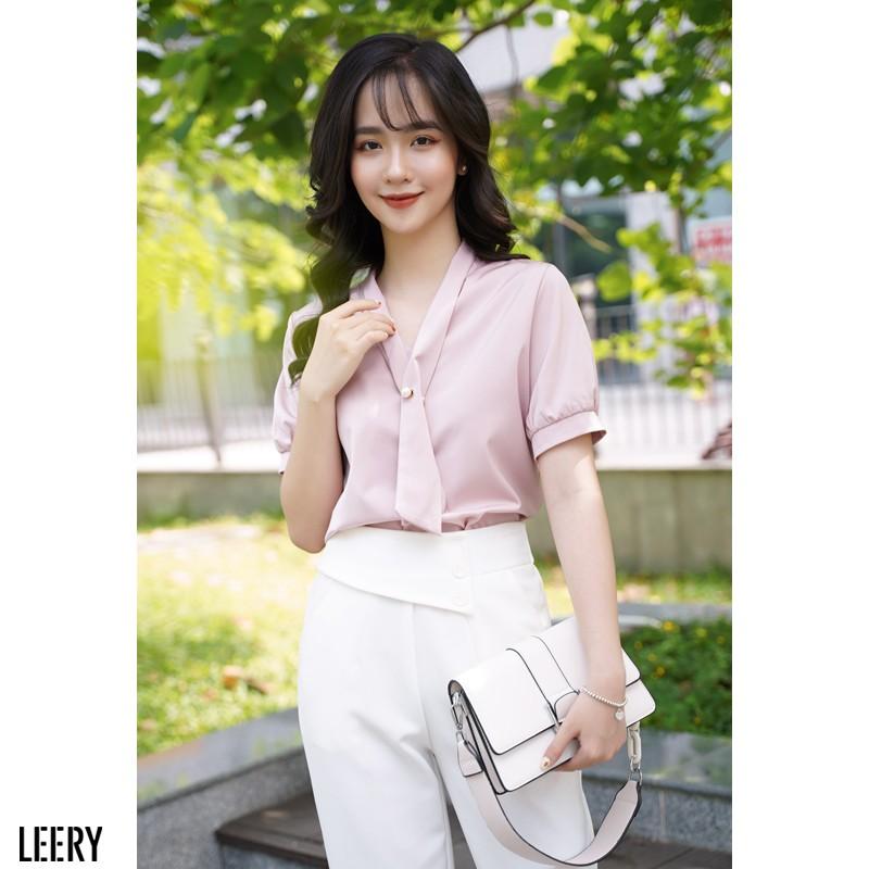 Áo sơ mi nữ tay phồng kiểu công sở Hàn Quốc form rộng vải lụa Ý cao cấp ngắn tay màu Trắng Đen Hồng LEERY S.M-07