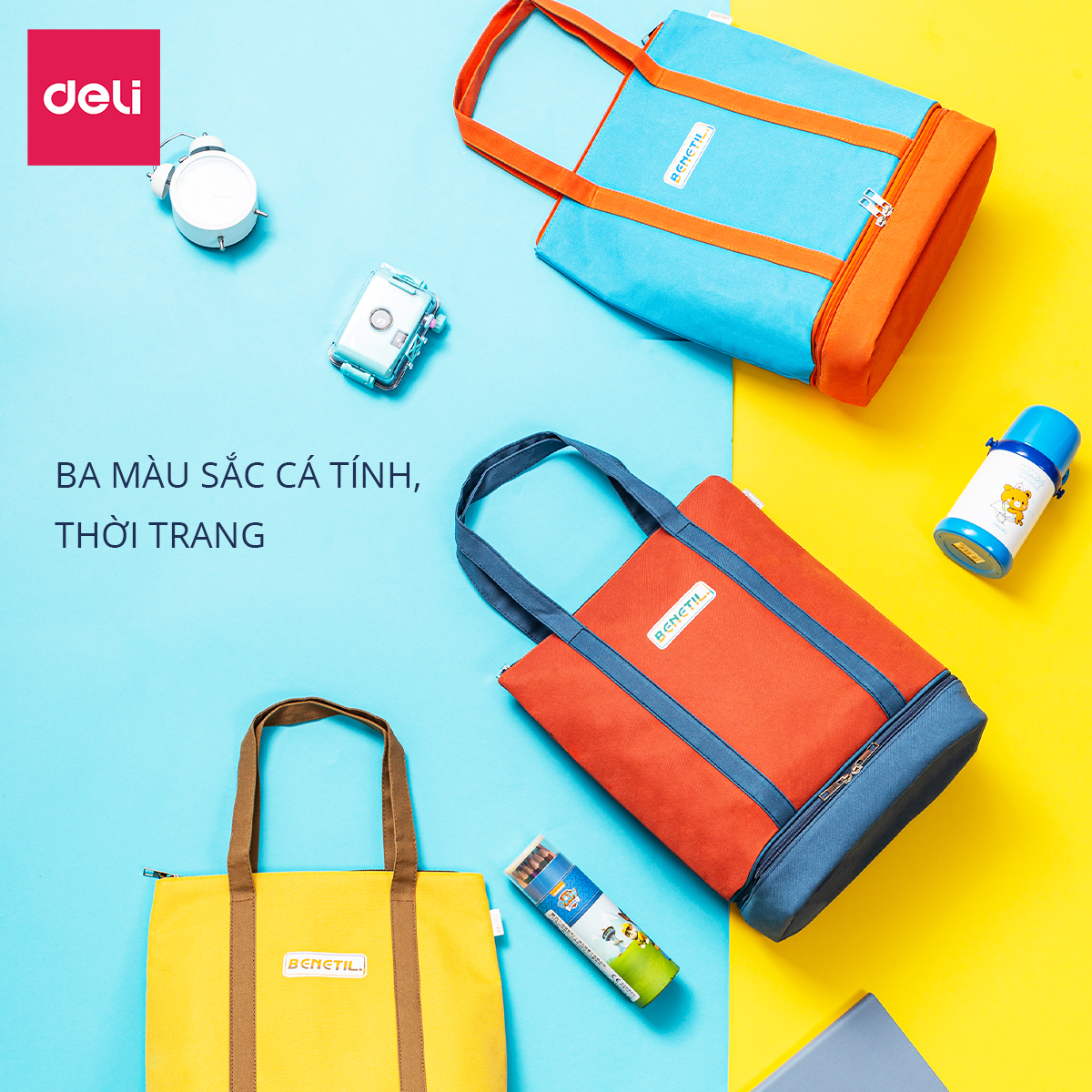 Túi tote vải canvas Deli cao cấp - Chất liệu chống thấm nước, thiết kế phối màu hai ngăn sặc sỡ thời trang - 73207