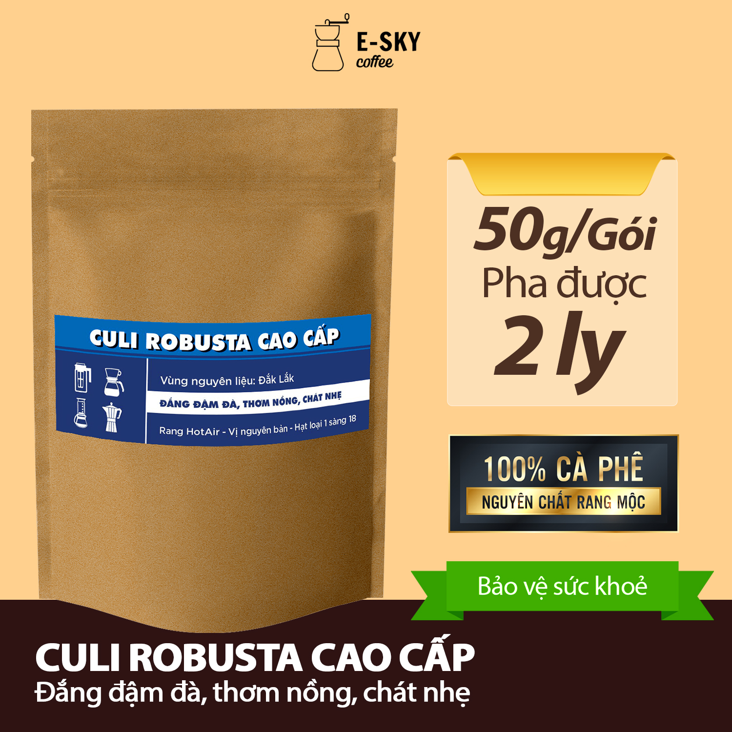 Mẫu Thử Cà Phê Rang Xay Nguyên Chất E-SKY Coffee Cafe Pha Phin 50gr