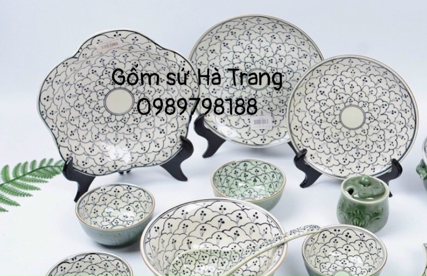 Bộ bát đĩa gốm sứ Bát Tràng cao cấp men lục bảo vẽ bèo dâu xuất dư BDXĐ001