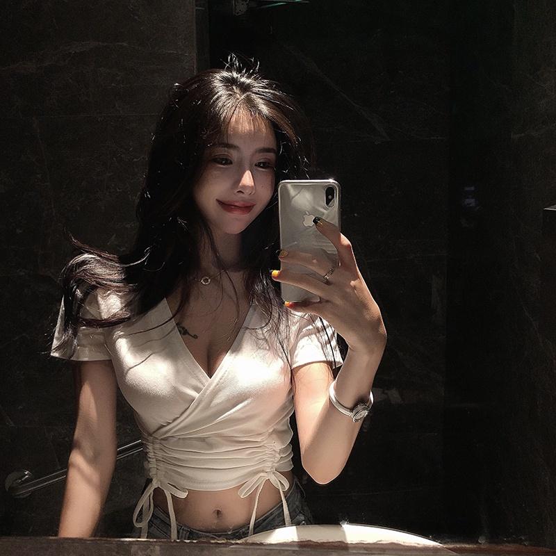 Áo Croptop Nữ Cổ V Dây Rút Eo Ngắn Borip Gân 2 Màu siêu xinh
