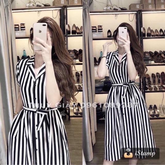 Đầm sọc poly cổ sơ mi cài nút thật cực cá tính