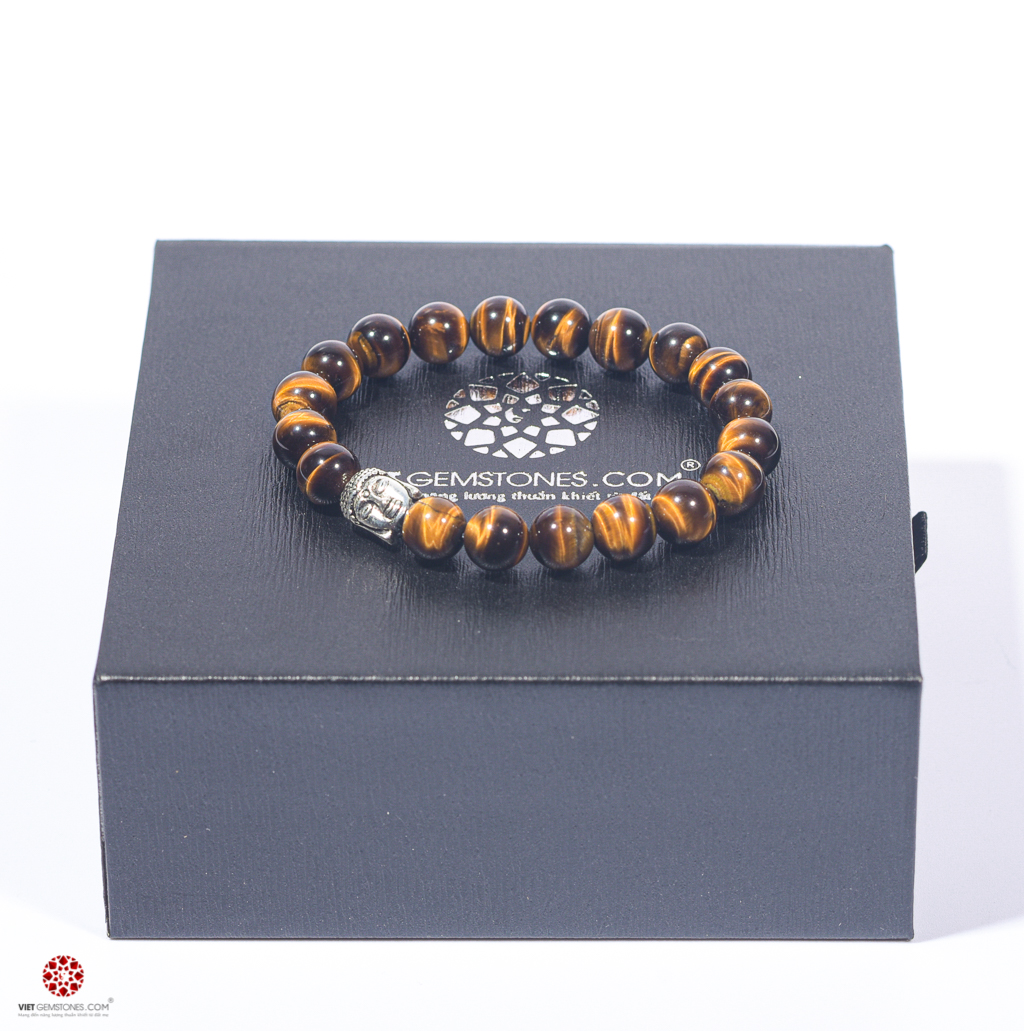 Vòng tay đá mắt hổ vàng tự nhiên 8mm phối charm Phật bạc thái 925 - Hợp tay nữ mệnh Thổ, Kim | VietGemstones