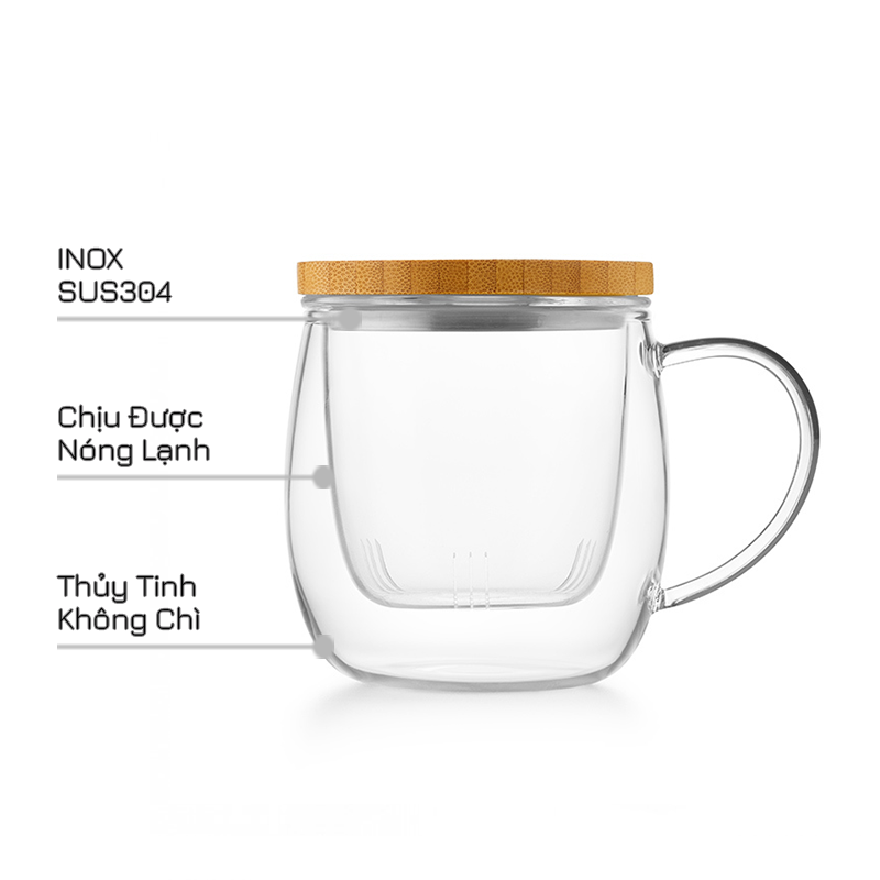 Ly lọc trà thủy tinh chịu nhiệt lõi thủy tinh nắp gỗ S027A 380ml