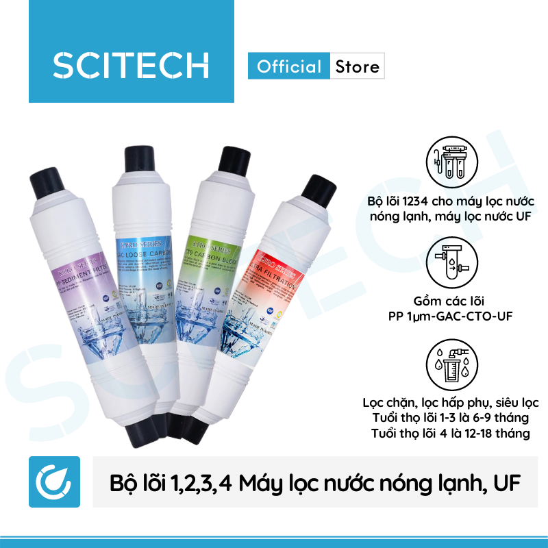 Bộ lõi số 1,2,3,4 K-Pro Series by Scitech (Lõi PP-GAC-CTO-UF) dùng cho máy lọc nước nóng lạnh, máy lọc nước UF - Hàng chính hãng