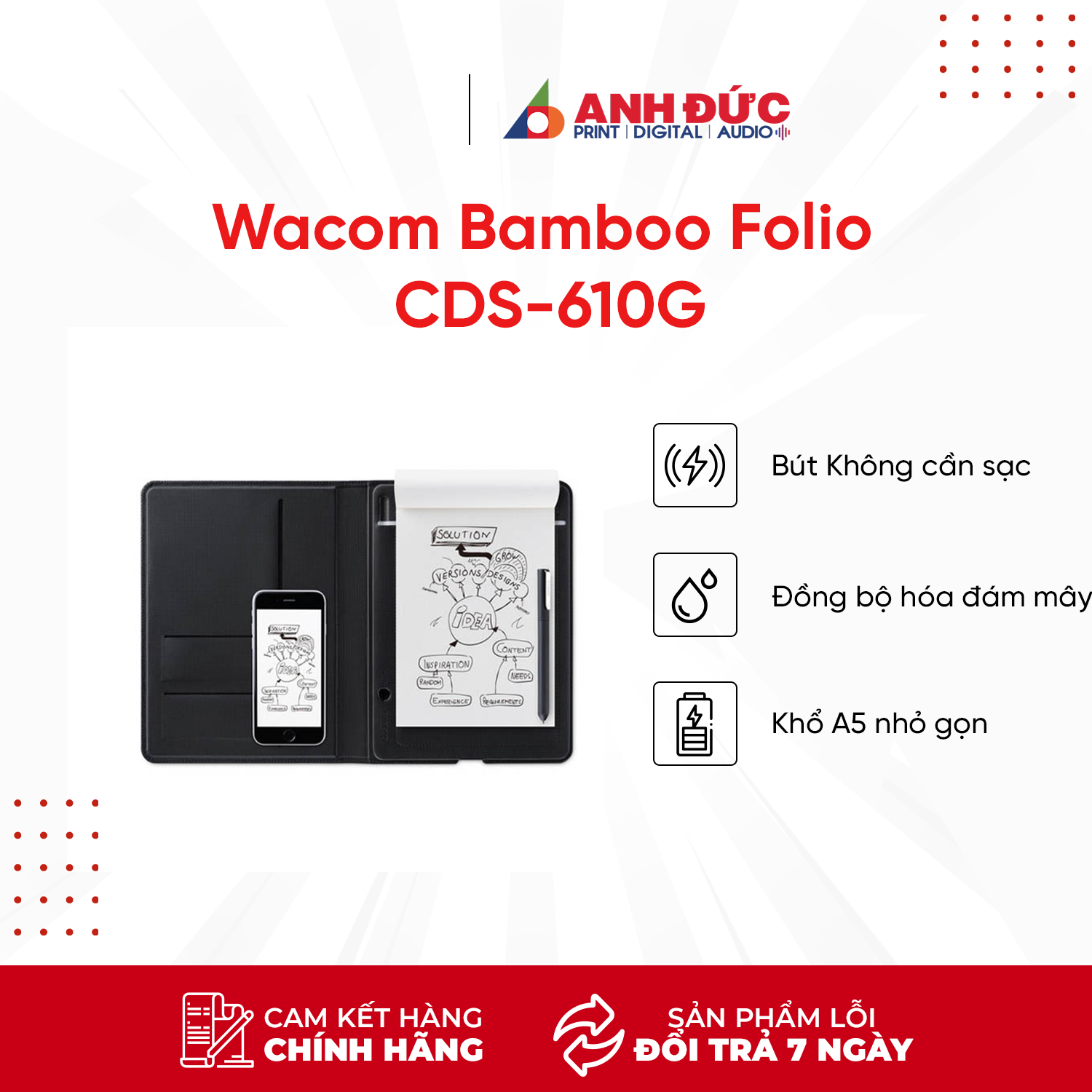 Sổ Ghi Chú Điện Tử Wacom Bamboo Folio CDS-610G Chuyên Dùng Để Vẽ Mindmap - Sketches Sử Dụng Trên Tất Cả Các Loại Giấy A5 - Hàng Chính Hãng