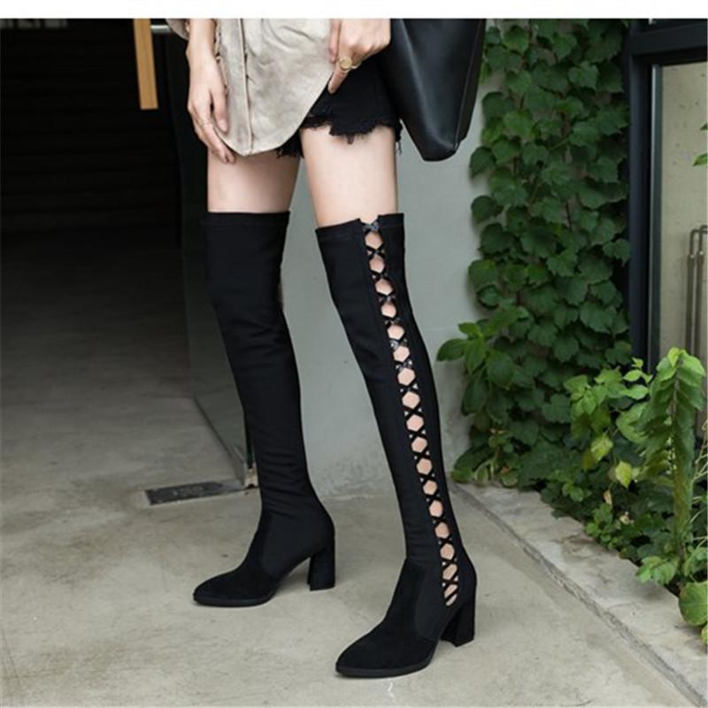 2021 Sexy Hộp Đêm Giày Cao Giày Nữ Giày Chỉ Dày Gót Thun Giày Stovepipe Phụ Nữ Trên Đầu Gối Cao Cấp giày 39