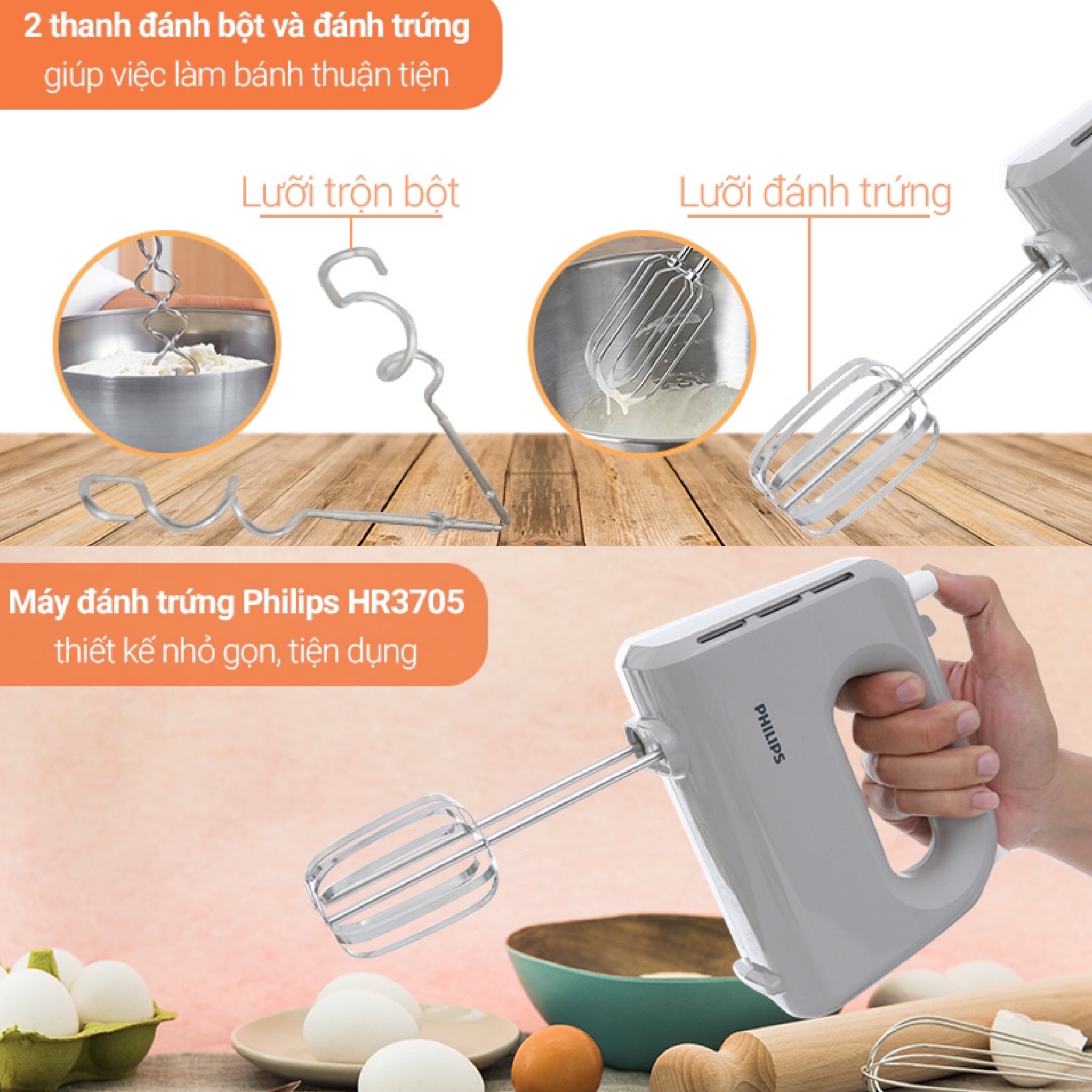 Máy Đánh Trứng Philips HR3705 - Công Suất 300W - Hàng Chính Hãng