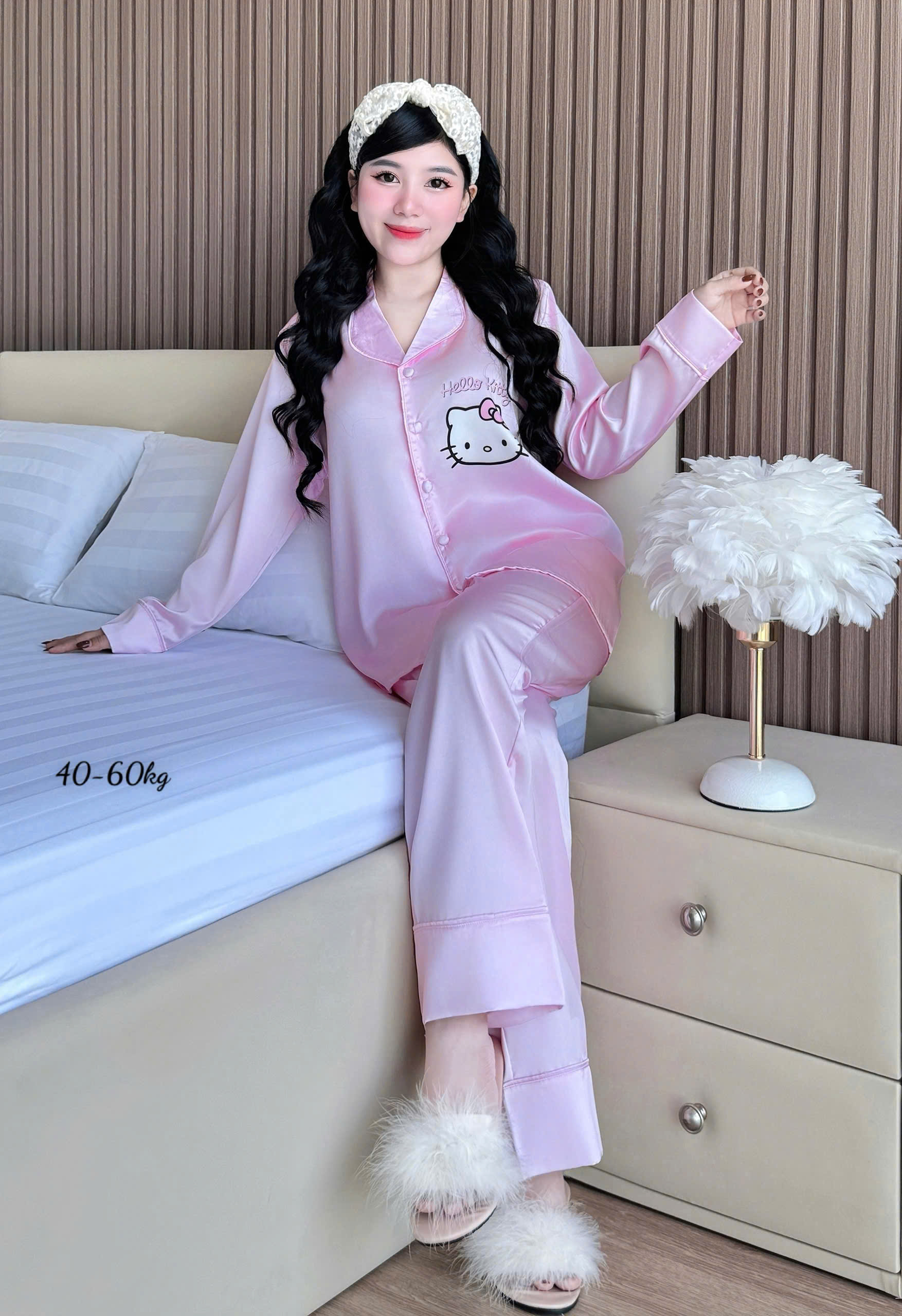 [NN Pijama] Bộ Pijama Lụa Nữ Nút Bọc Tay Dài Kèm Cột Tóc