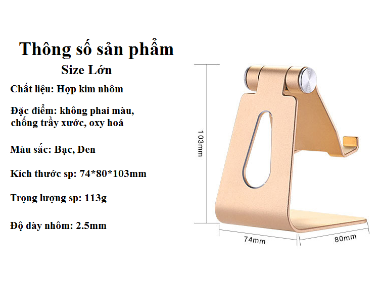 Giá Đỡ Điện Thoại, Máy Tính Bảng Kim Loại Nguyên Khối Basic Stand, Xoay Góc 270 Độ - Size Lớn