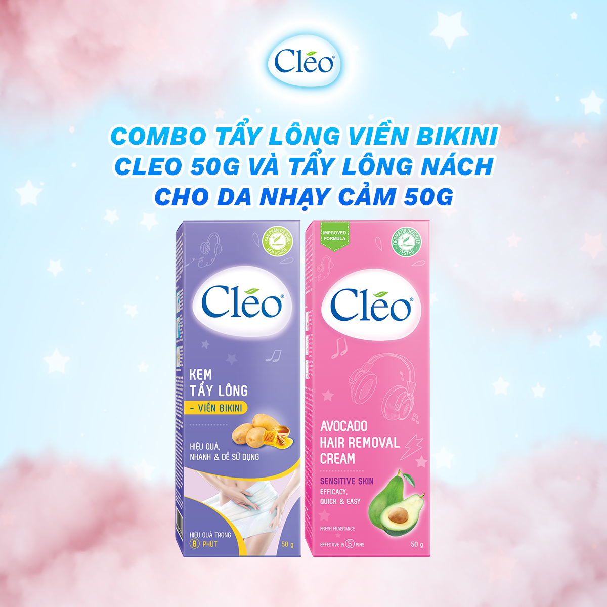 Combo tẩy lông Bikini Cléo, an toàn,hiệu quả trong 8 phút 50g và tẩy lông nách Cléo da nhạy cảm 50g