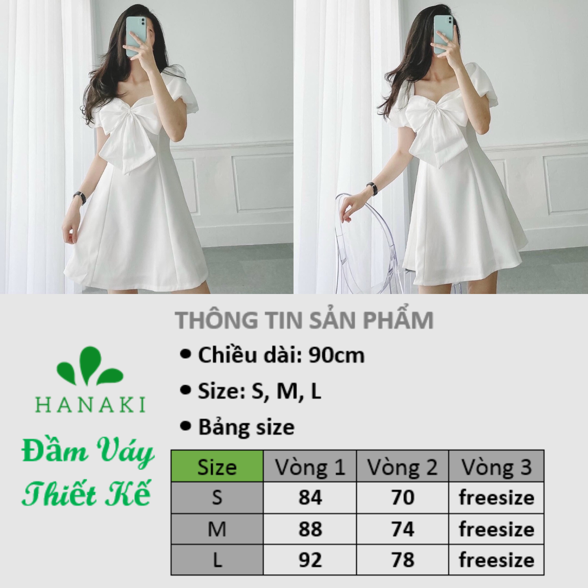 Đầm Dáng Xòe Thiết Kế Nơ Ngực Tay Phồng Chất Vải Cotton Thái Dày Dặn Có Lót Trong Hanaki HNK333