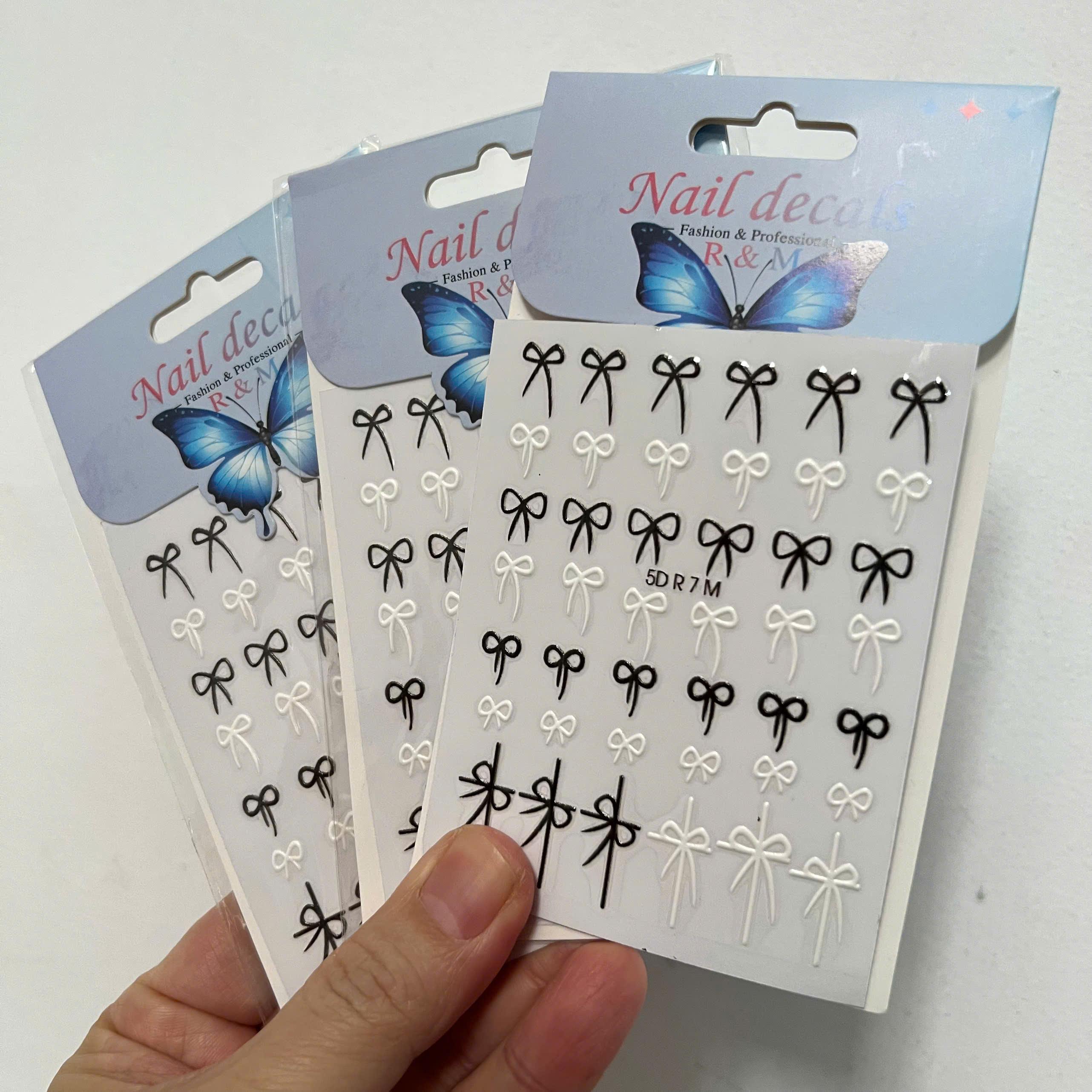 Sticker 5D Dán Móng Hình Nơ Đỏ RM Keo Tự Dính, Hình Dán Móng Nơ Lụa Nơ Đen Trắng Mix Nổi R7M Dạng Nổi Làm Nail Cao Cấp Nữ Women