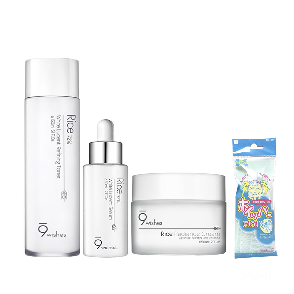 Bộ Sản Phẩm Cấp Ẩm, Dưỡng Trắng Da Từ Gạo 9 Wishes ( Toner 150ml + Serum 50ml + Cream 50m) +Tặng kèm 1 túi lưới rửa mặt tạo bọt