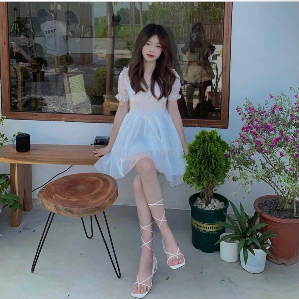 Váy Cổ Vuông 2 Tầng Voan Tơ Tay phồng Khoá Lưng Màu Trắng, Đầm Công Chúa Xoè 2 Lớp