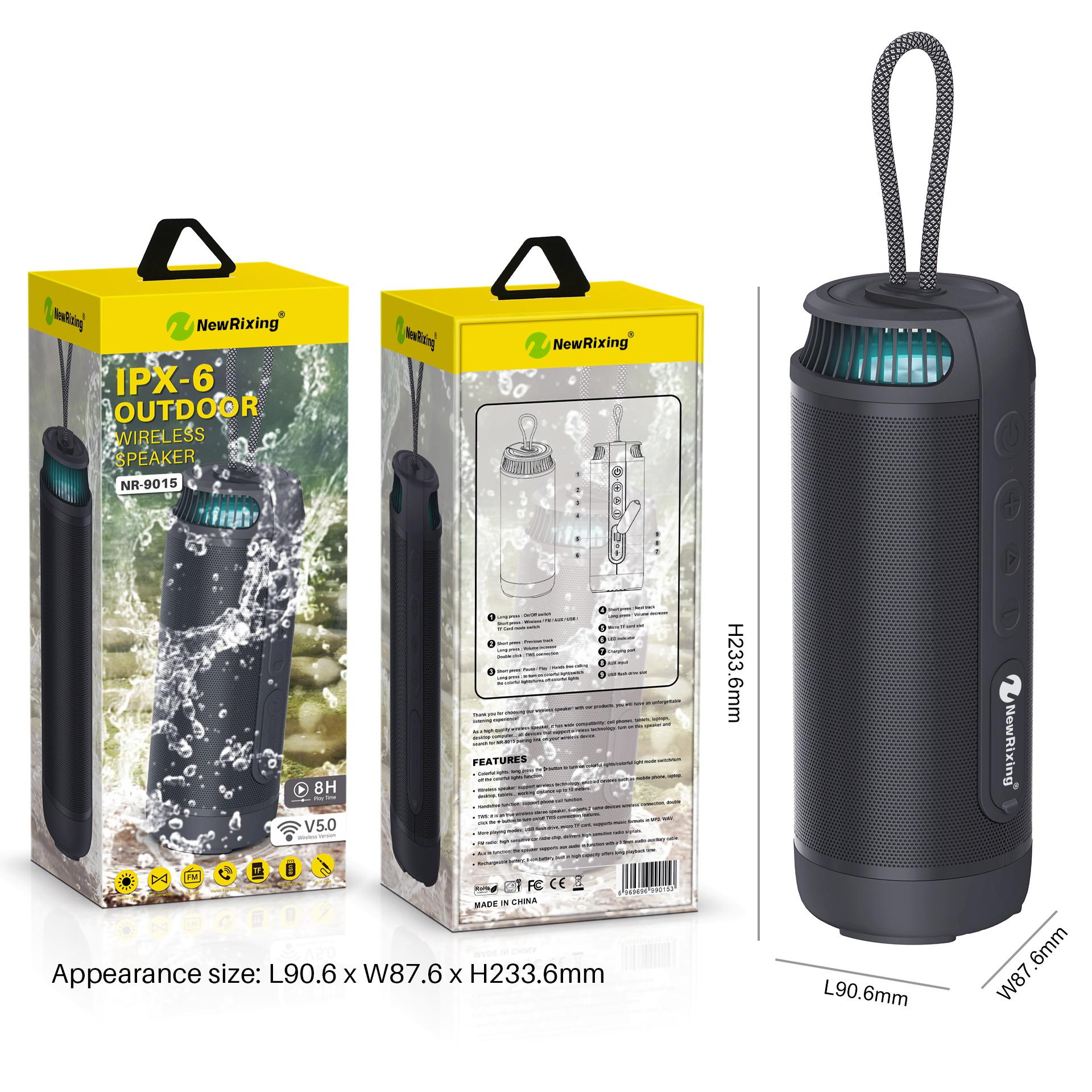 Loa không dây di động Loa siêu trầm Loa Hộp âm thanh nhỏ chống nước IPX6 Âm trầm mạnh hơn có đèn AUX FM Gọi điện thoại rảnh tay Màu sắc: 9015-Đen