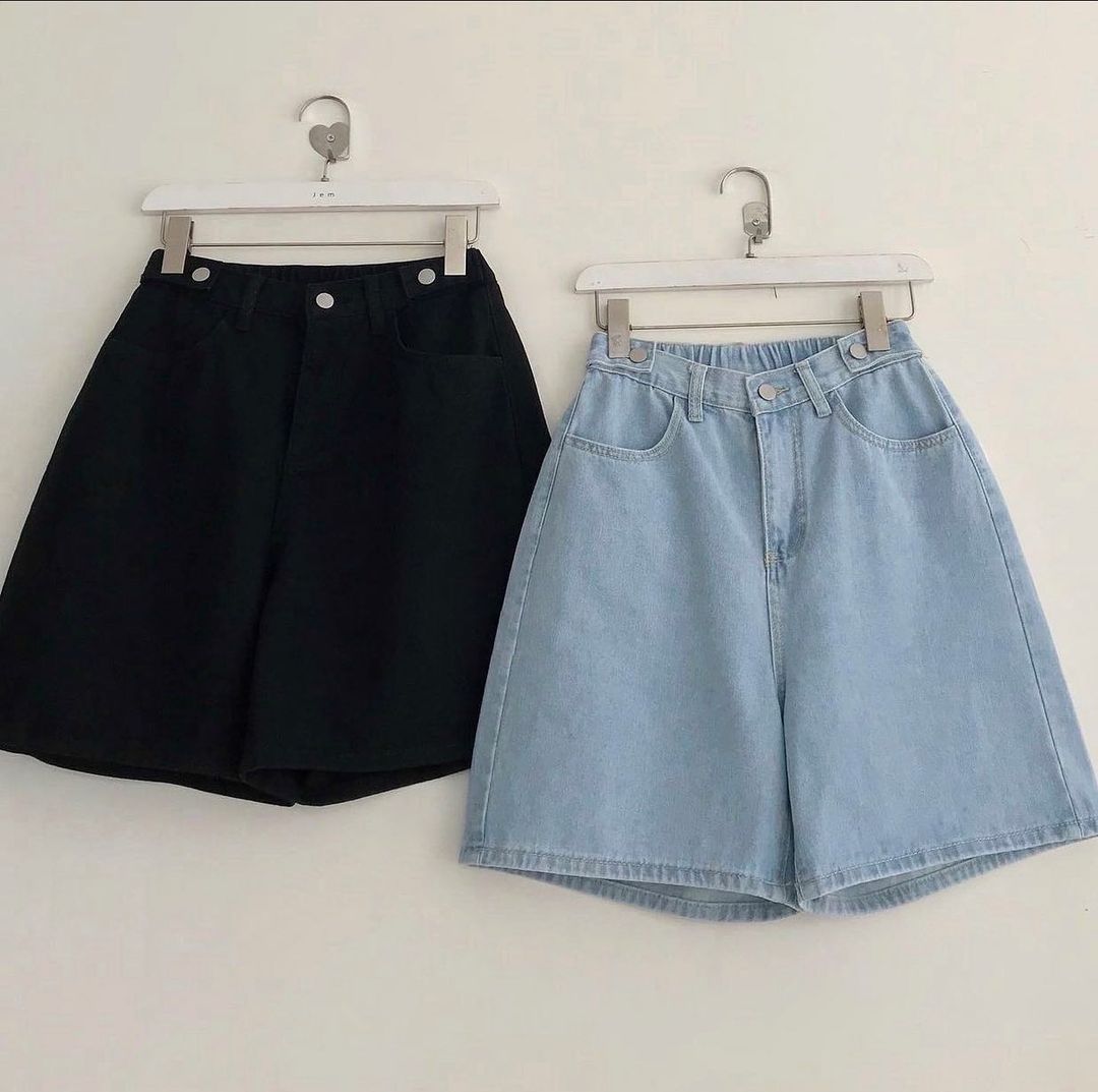 Quần Short Jean MIN Nữ Phối Nút Hông Chiết Eo Vải Dày Mịn Form Rộng Phong Cách Ulzzang