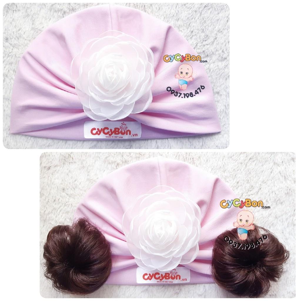 Nón Mũ Turban Tóc Giả Cho Bé Gái Màu Hồng Phấn Đính Bông Hồng Trắng - Chất Vải Cotton- Có Size Từ Sơ Sinh Bao Xinh !