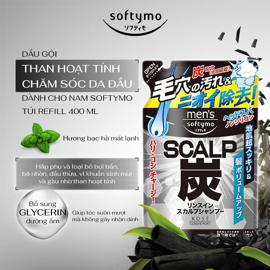 Sữa Tắm Than Hoạt Tính Dành Cho Nam Kosé Softymo Men's Body Soap Túi Refill 400mL