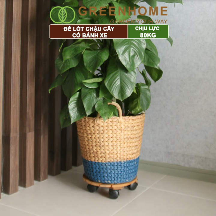 Đế lót chậu cây có bánh xe, bằng gỗ, chịu lực 80kg, R30xC8cm |Greenhome