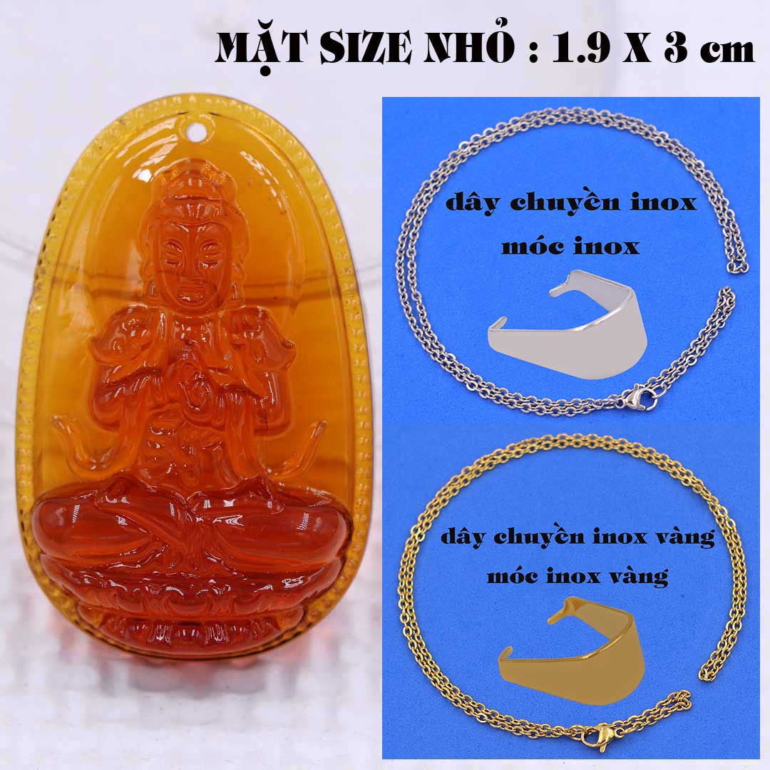 Mặt Phật Đại nhật như lai pha lê cam 1.9cm x 3cm  kèm vòng cổ dây chuyền inox + móc inox vàng, Phật bản mệnh, mặt dây chuyền