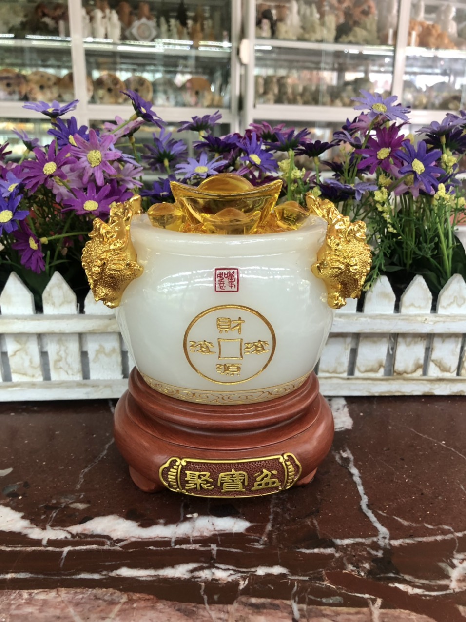 Hủ vàng, Bát Tụ Bảo, Bát tụ tài phong thủy đá bạch ngọc chiêu nạp tài lộc đặt bàn thờ thần tài thổ địa - Cao 15 cm