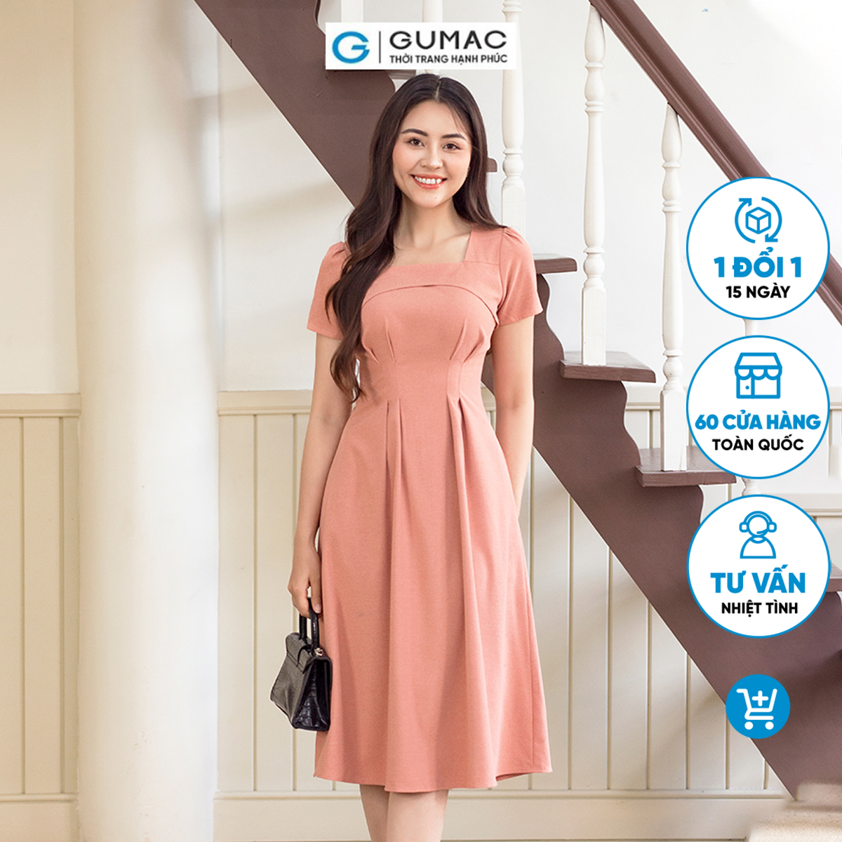 Đầm dáng xòe A tay ngắn cổ vuông chiết ly sang trọng thanh lịch thời trang GUMAC DD06060